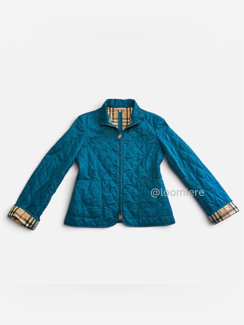Burberry Teal Quilted Women's Jacket with Check Trim